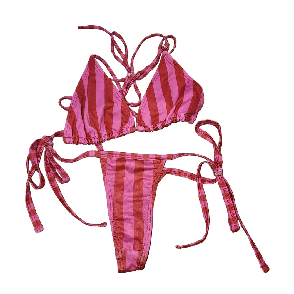 NWT Yandy Micro Bikini Thong Set Vertical Pink Red Stripe Strappy Sides Size M - Picture 2 of 6